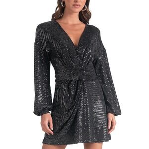 Elan Black Sequin V Neck Long Sleeve Mini Dress EK50049 XS New With Tags